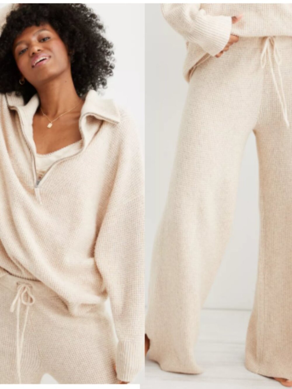 Aerie 2 Piece Set - CozyUp Quarter Zip & Waffle Knit Skater Pant Heather Fawn S